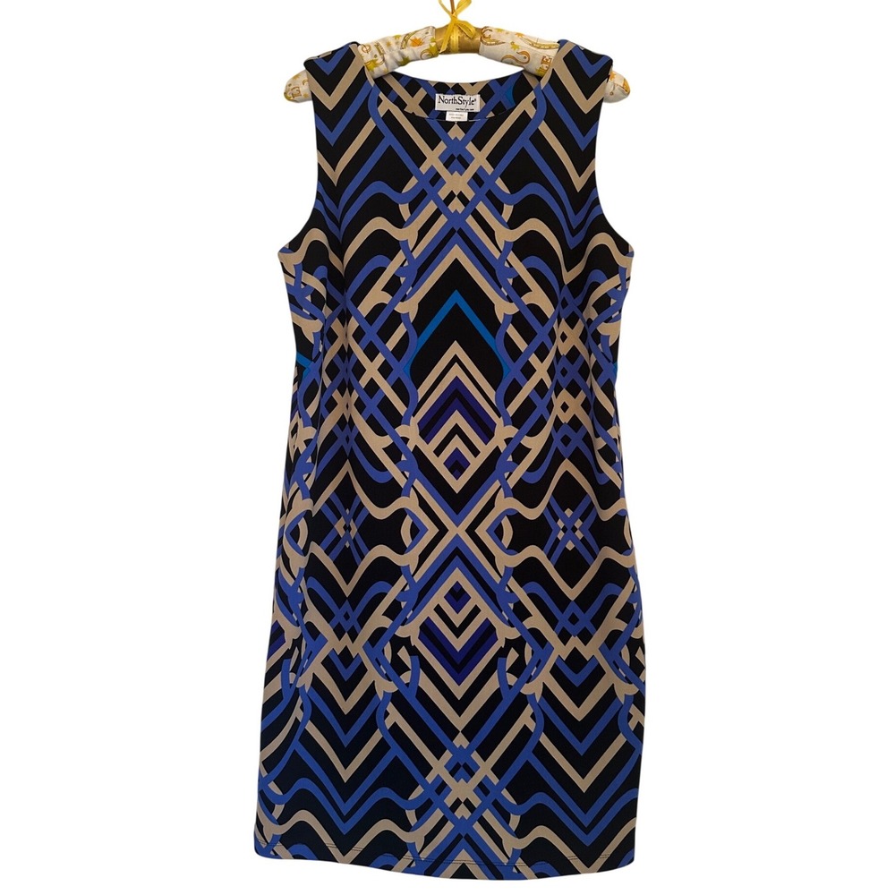 NorthStyle Blue Geometric Abstract Print Sleeveless Shift Dress Womens 12 Career